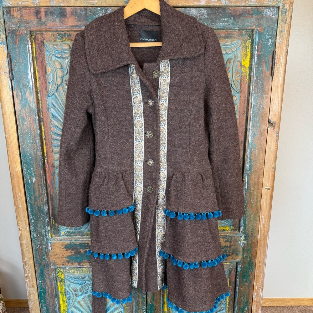 Wool tiered ruffle skirt coat embellished Cynthia Rowley